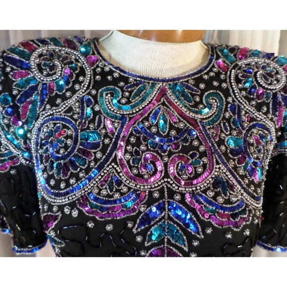Silk Size 6 Dress Bead Sequin Black Red Gold VTG - Picture 4 of 8